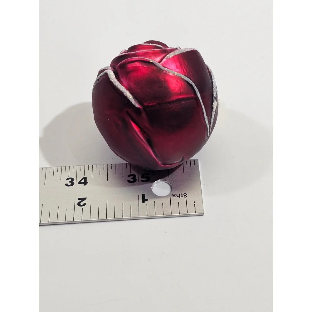 Poland Glass Rose Bud Christmas Ornament Burgundy Red Silver Glitter Floral 2in